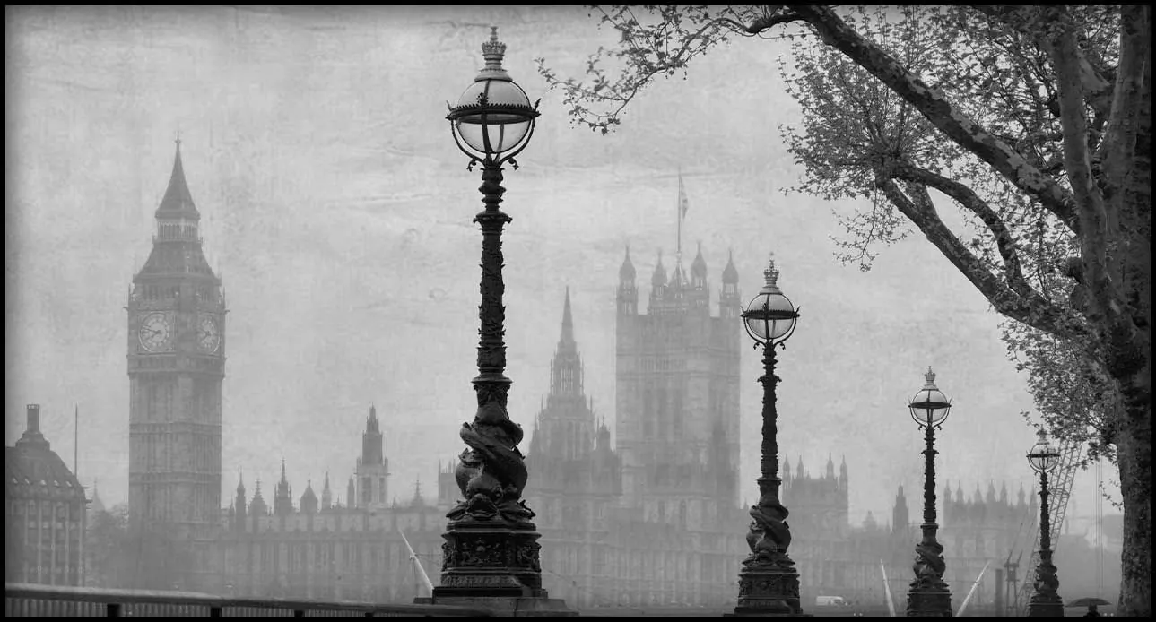 Victorian street lamps on the Thames with Big Ben in the background